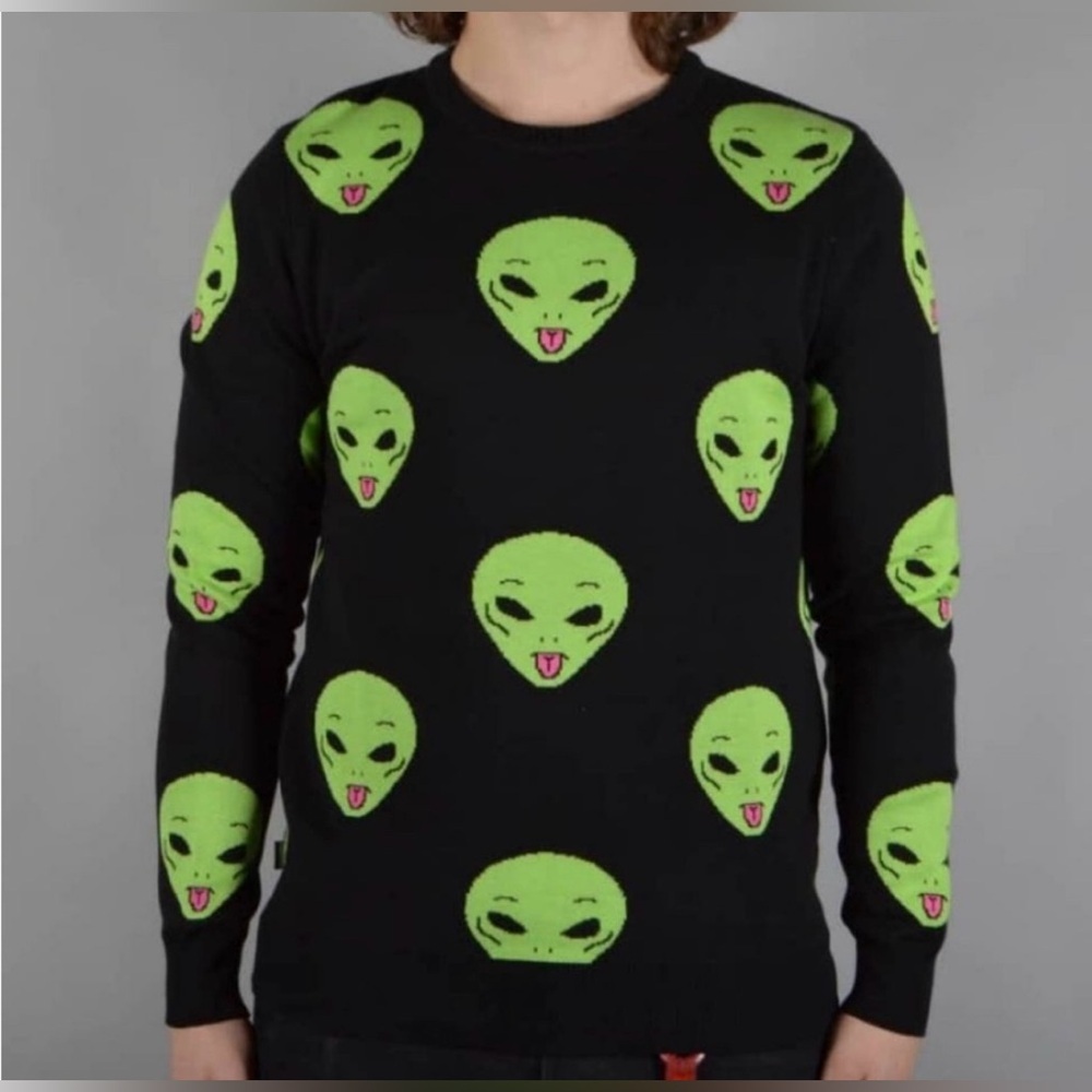 Black Sweater with Neon Green Alien Motif - Men's Crewneck